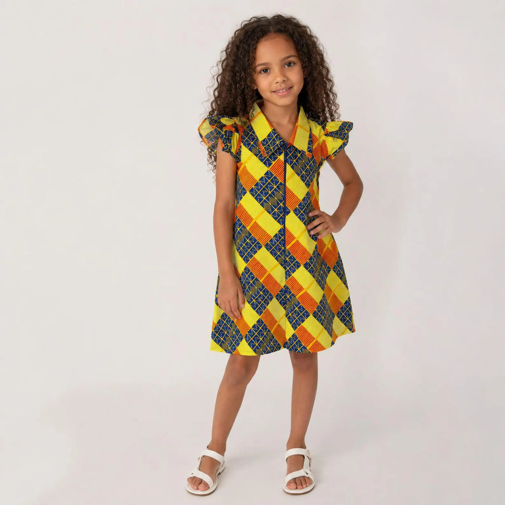 Girls Yellow and Blue African Print Shirt Dress – Kids Ankara Occasion Dress