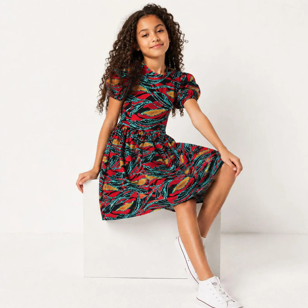 Girls Red African Print Puff Sleeve Dress – Kids Ankara Party Dress
