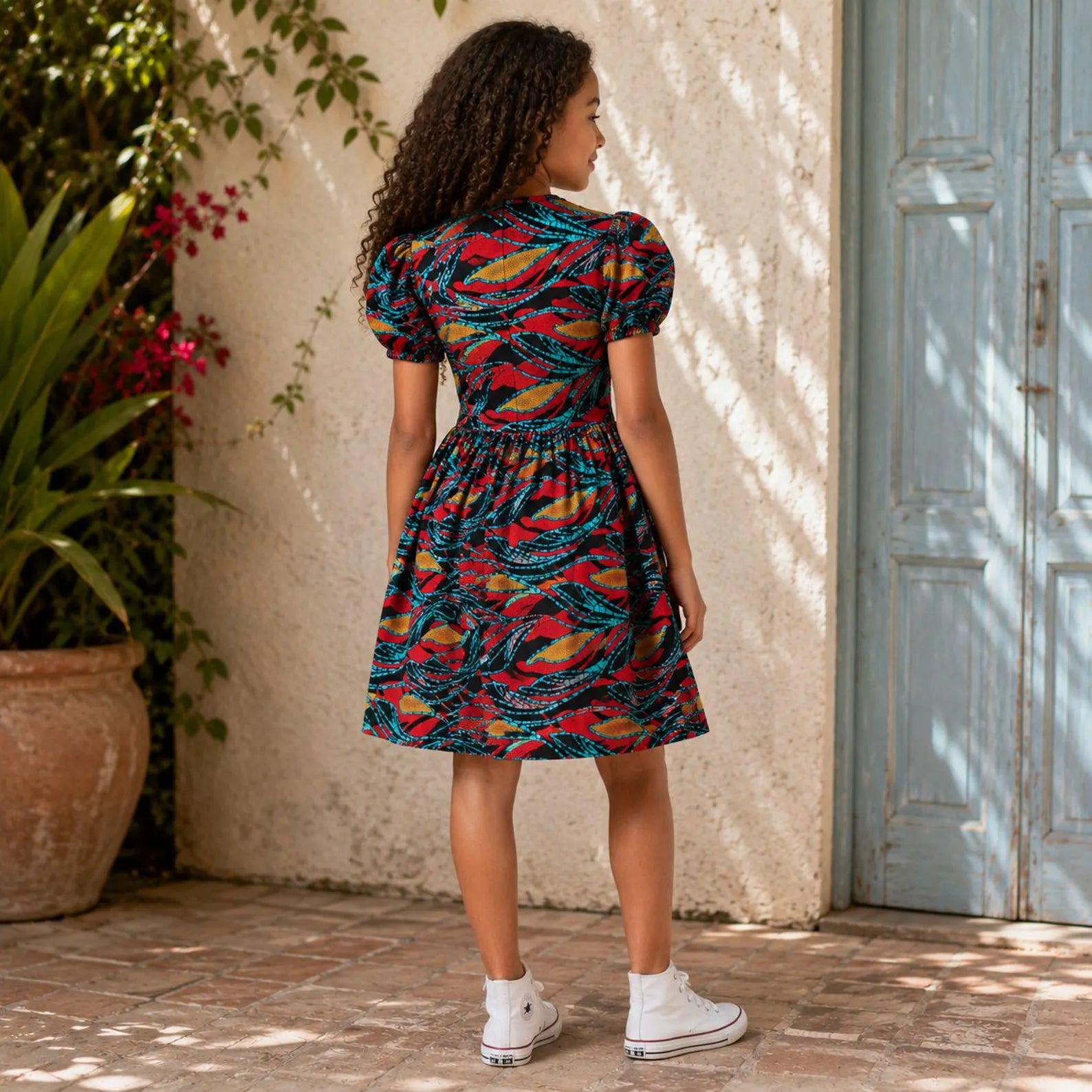 Girls Red African Print Puff Sleeve Dress – Kids Ankara Party Dress