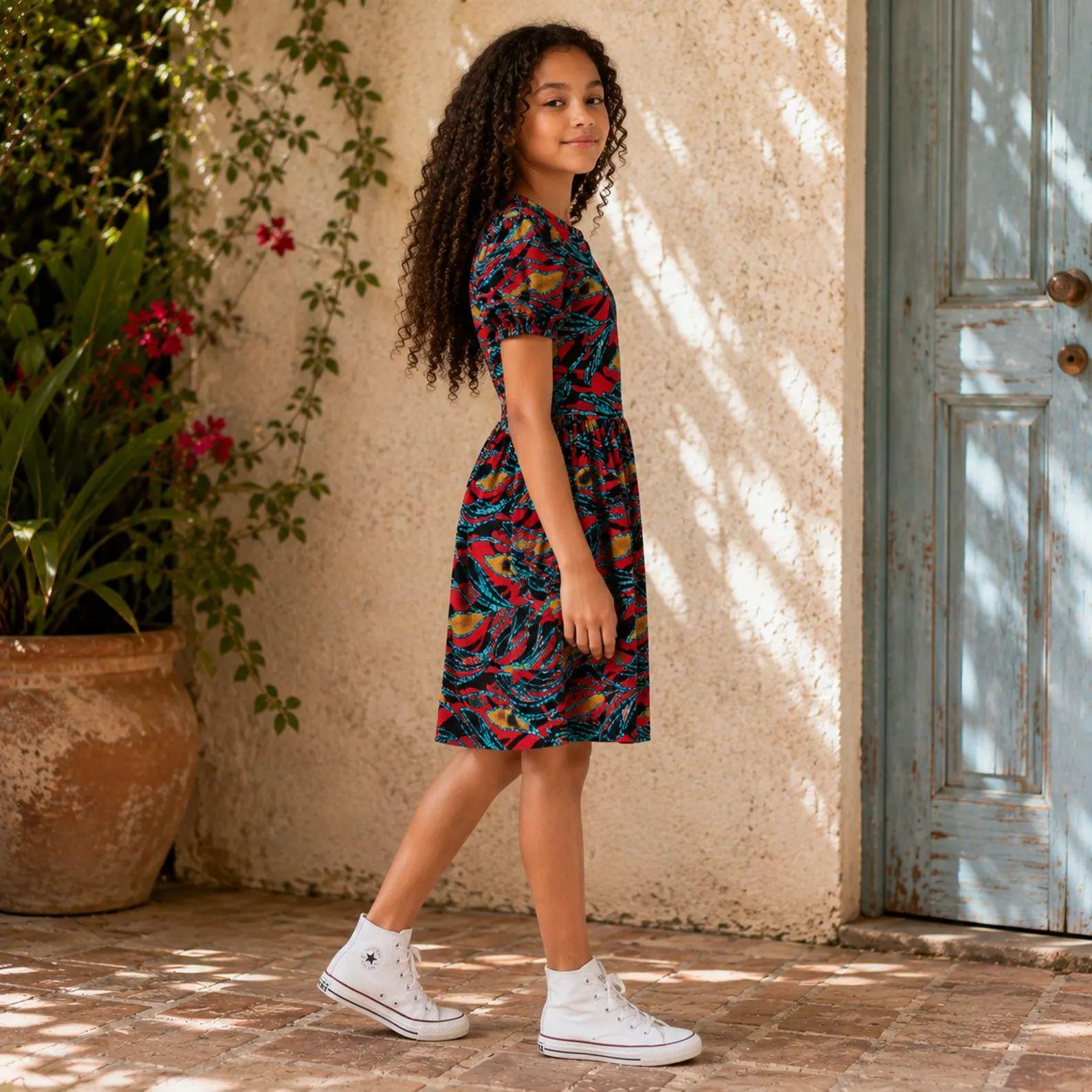 Girls Red African Print Puff Sleeve Dress – Kids Ankara Party Dress