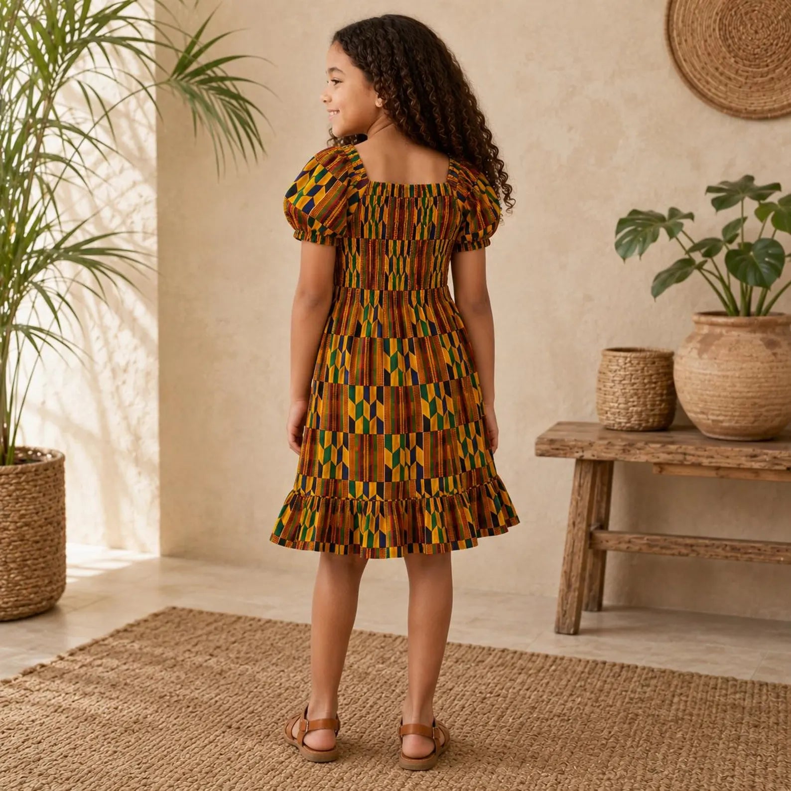 Girls Kente Print Smocked Dress – African Party Dress for Kids