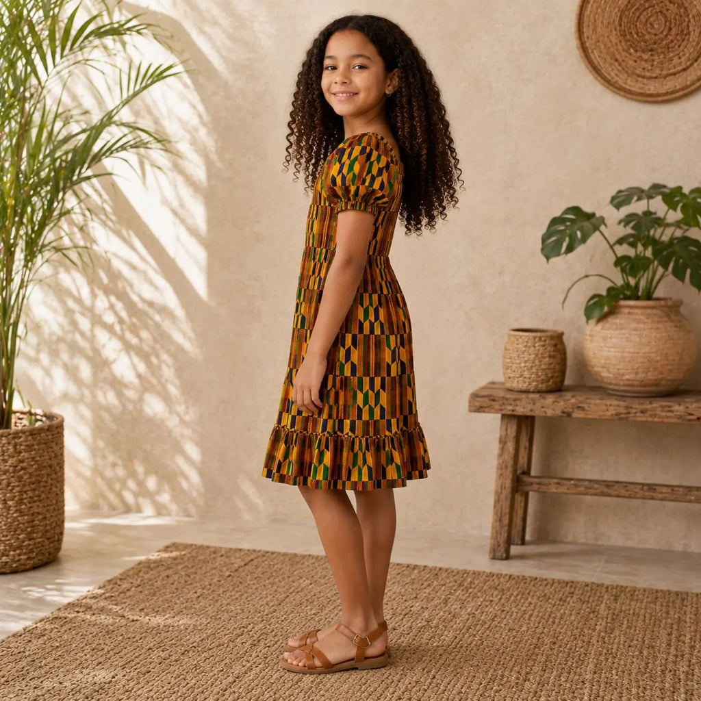 Girls Kente Print Smocked Dress – African Party Dress for Kids