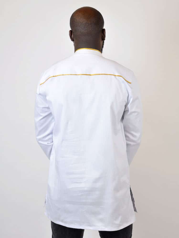 Fumnanya White Polished Cotton & Gold Embroidery Shirt