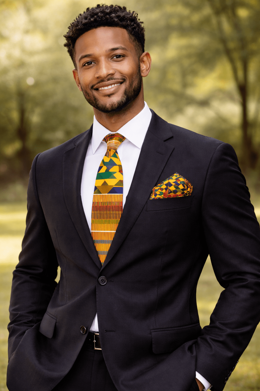 Handcrafted Ash African Kente Tie & Handkerchief Set