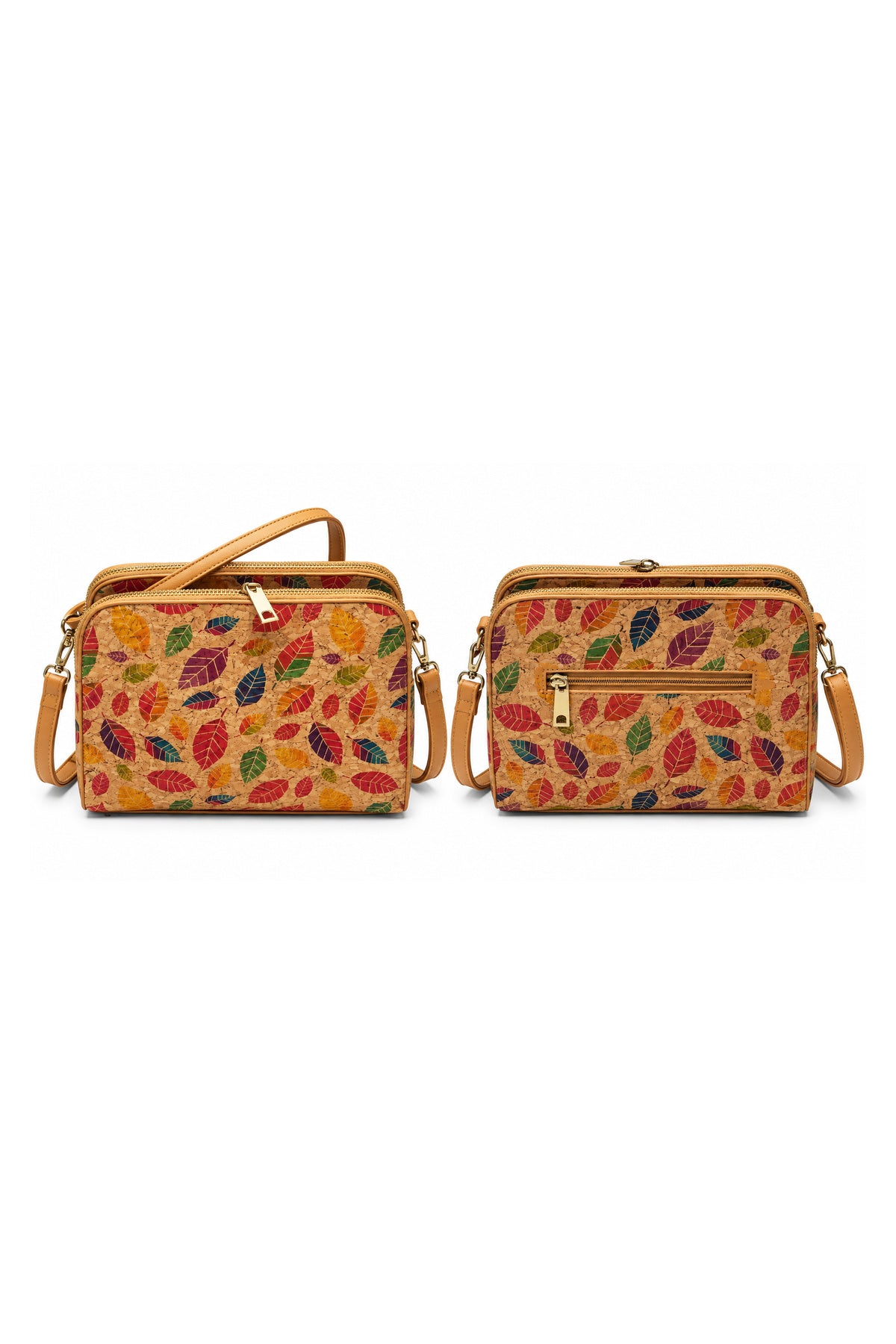Cork Crossbody Bag multicolour leaf print double zip front view
