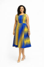Blue and Yellow African Print Midi Dress – Sleeveless Fit & Flare Ankara Dress
