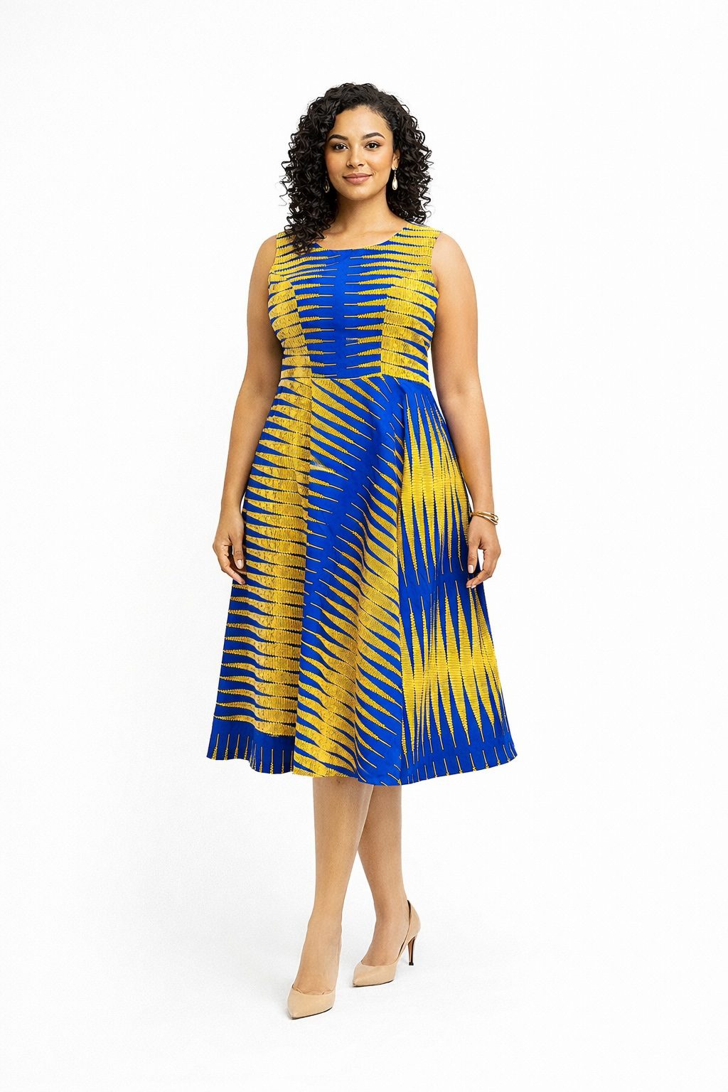 Blue and Yellow African Print Midi Dress – Sleeveless Fit & Flare Ankara Dress