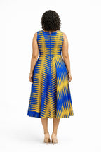 Blue and Yellow African Print Midi Dress – Sleeveless Fit & Flare Ankara Dress
