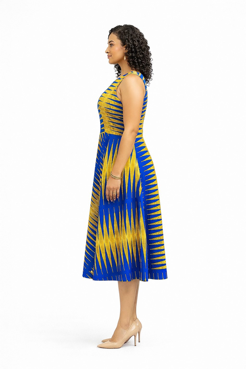 Blue and Yellow African Print Midi Dress – Sleeveless Fit & Flare Ankara Dress