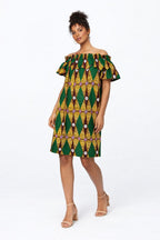 African Print Off Shoulder Smock Dress – Green Yellow Ankara Summer Dress