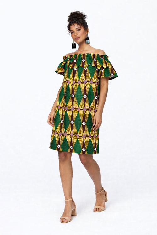 African Print Off Shoulder Smock Dress – Green Yellow Ankara Summer Dress