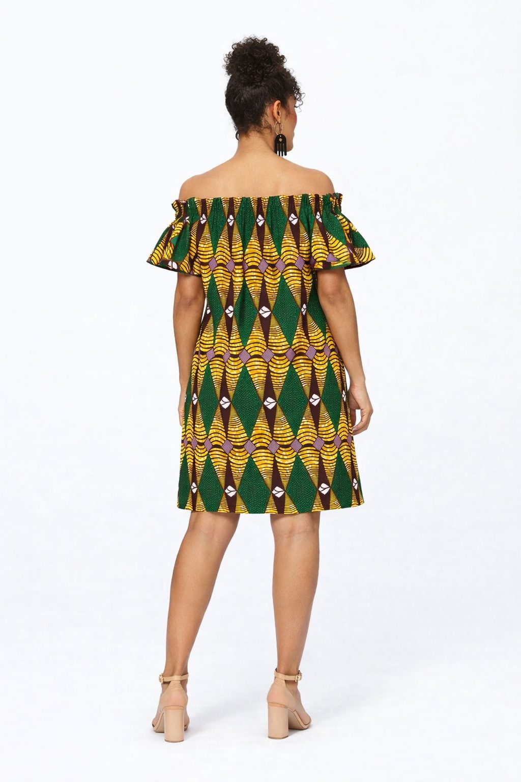African Print Off Shoulder Smock Dress – Green Yellow Ankara Summer Dress