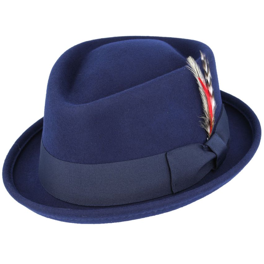 Classic Diamond Pork Pie Hat with Feather Decor