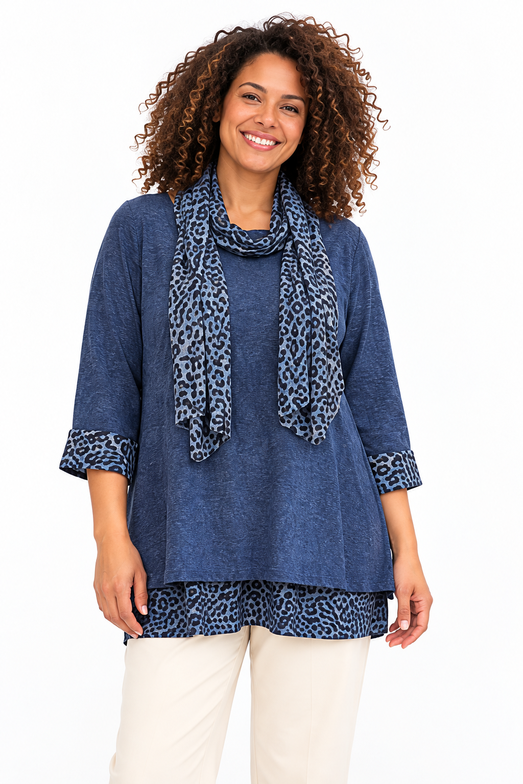 Women's Leopard Print Trim Tunic Top with Matching Scarf – Relaxed Fit – 11 Colours