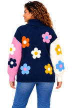 Women's Oversized Floral Knit Roll Neck Jumper – Colour Block Winter Sweater