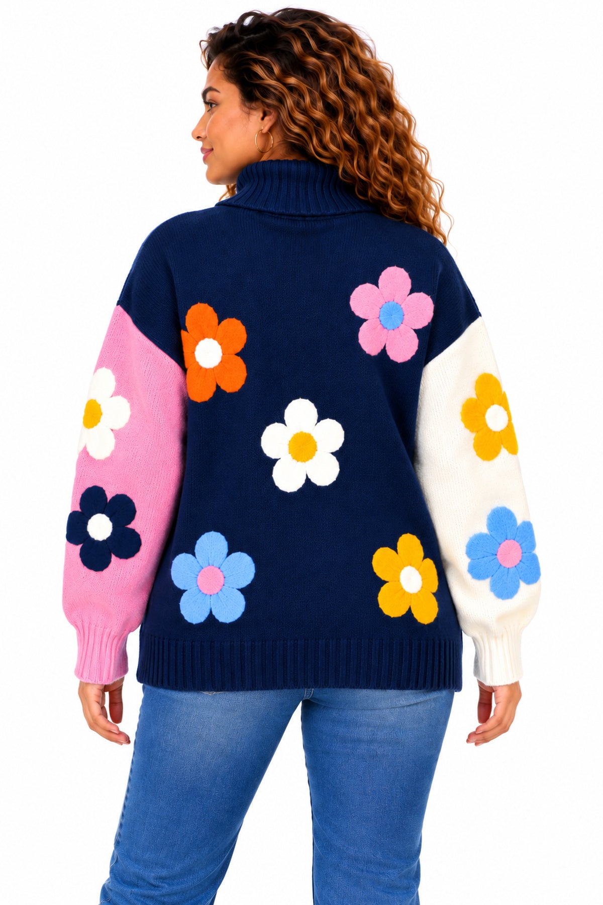 Women's Oversized Floral Knit Roll Neck Jumper – Colour Block Winter Sweater