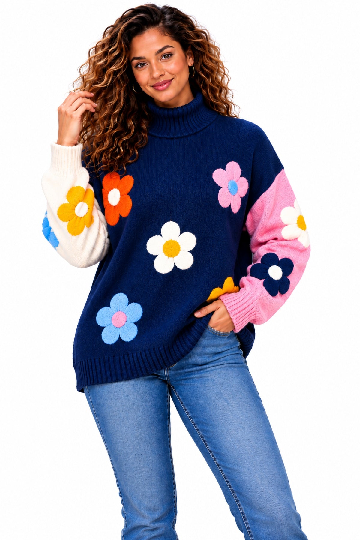 Women's Oversized Floral Knit Roll Neck Jumper – Colour Block Winter Sweater
