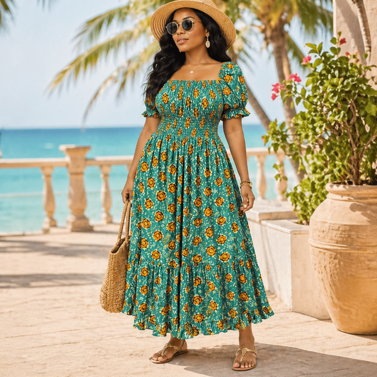 African Print Smocked Maxi Dress for Women – Summer Holiday Dress