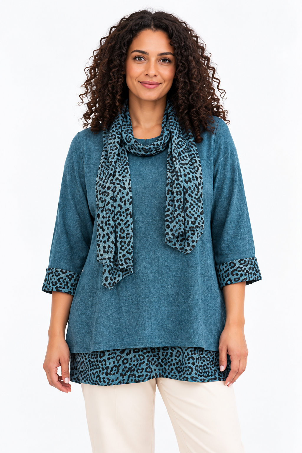 Women's Leopard Print Trim Tunic Top with Matching Scarf – Relaxed Fit – 11 Colours