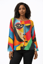 Women’s Abstract Face Print Top with Black