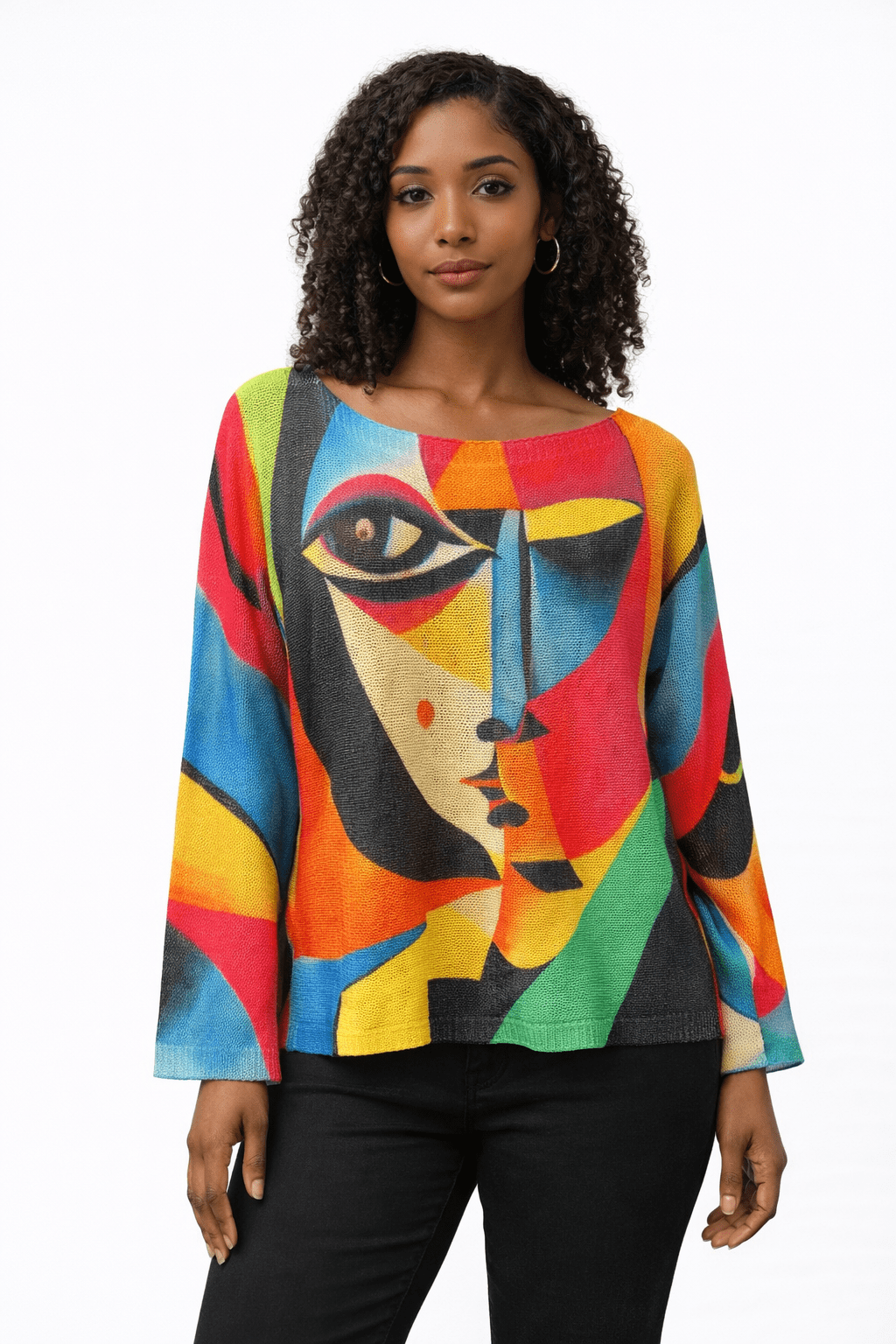 Women’s Abstract Face Print Top with Black