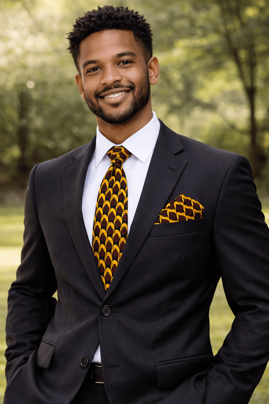 Handcrafted Mustard Ankara Tie & Handkerchief Sets