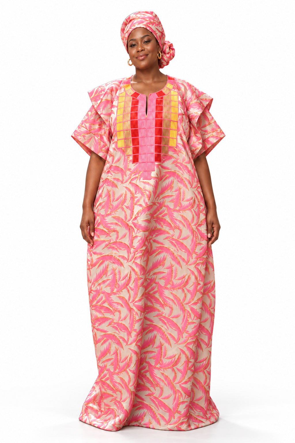 Aduke Pink & Gold African Print Embroidered Maxi Kaftan Dress with Headwrap – Traditional Boubou