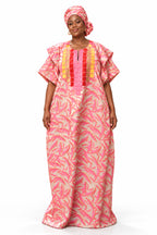 Aduke Pink & Gold African Print Embroidered Maxi Kaftan Dress with Headwrap – Traditional Boubou