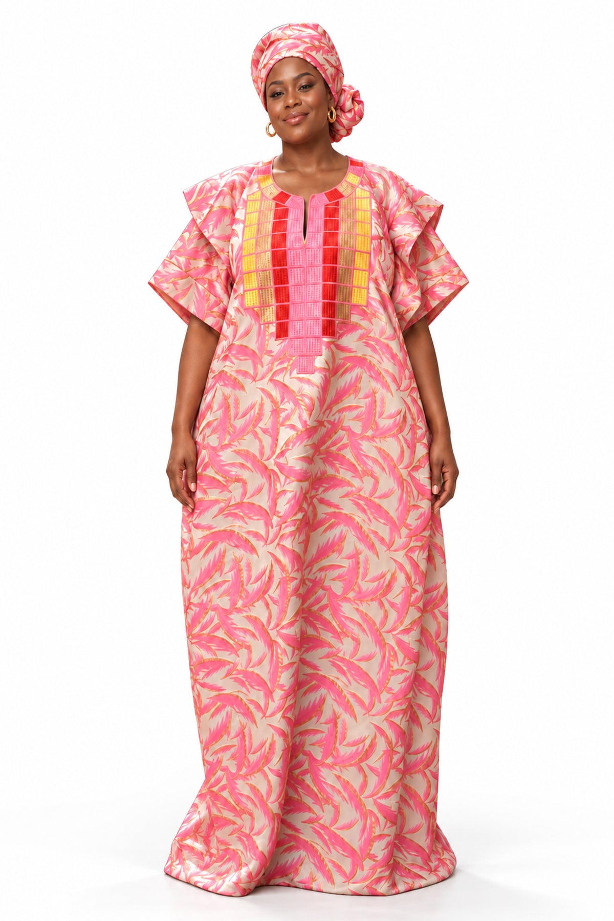 Aduke Pink & Gold African Print Embroidered Maxi Kaftan Dress with Headwrap – Traditional Boubou