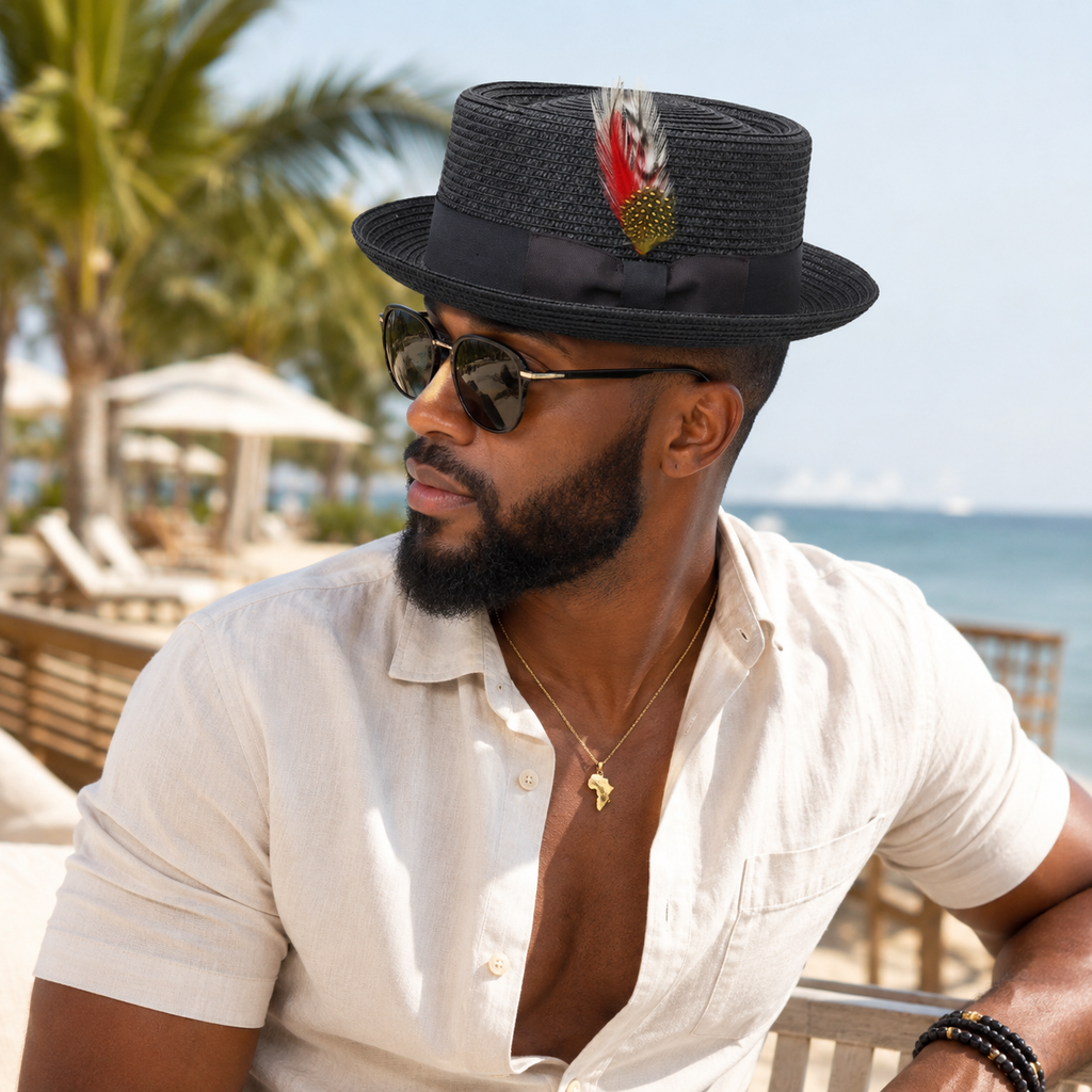 Men's Black Straw Pork Beach Hat | Vintage Boater Hat | Vacation & Wedding Hat