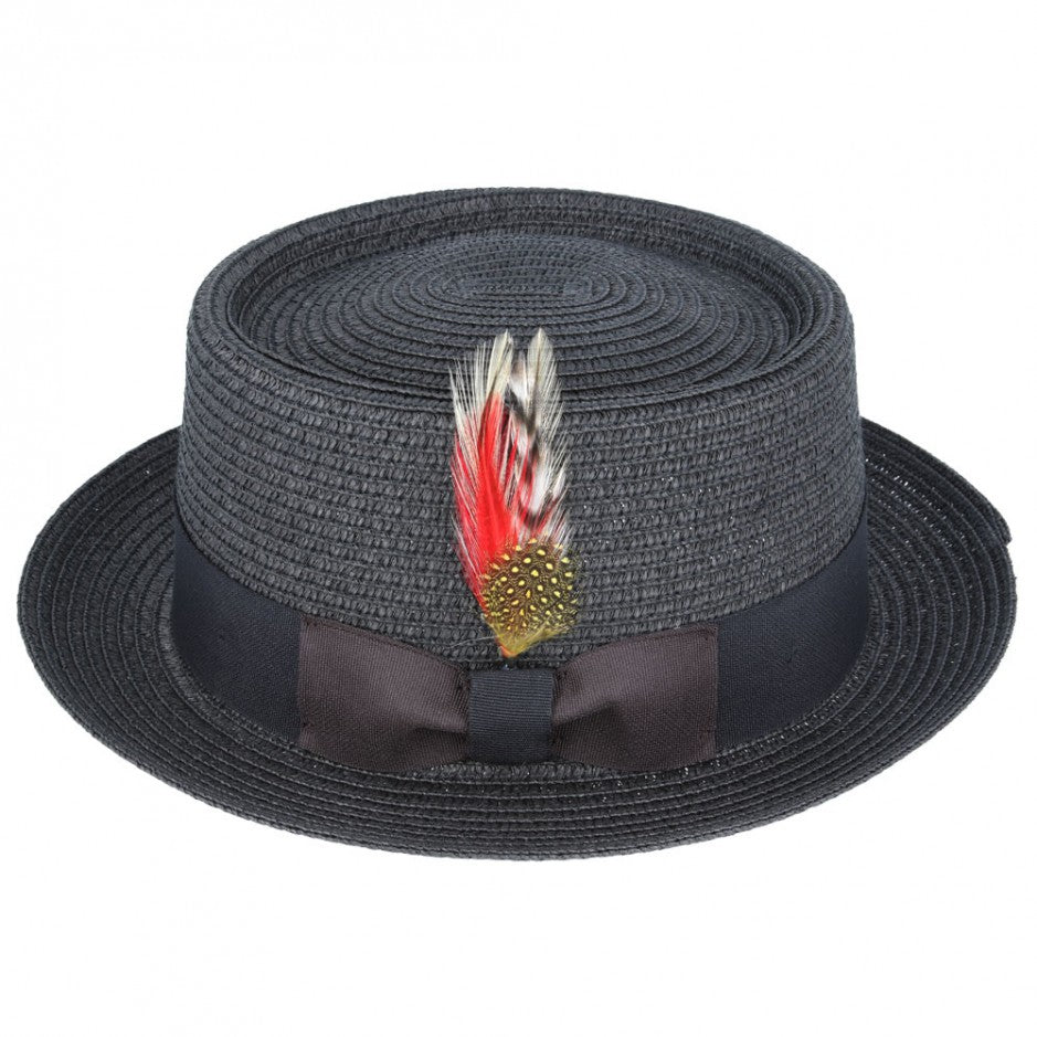 Men's Black Straw Pork Beach Hat | Vintage Boater Hat | Vacation & Wedding Hat