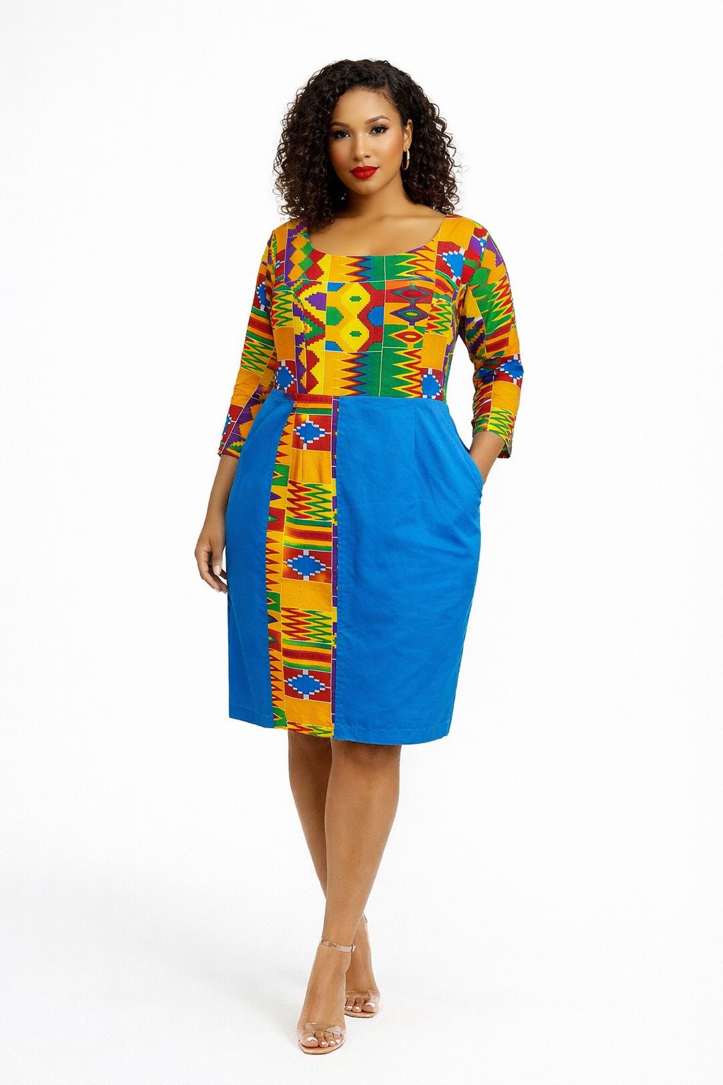 Women’s Blue Kente Print Midi Dress
