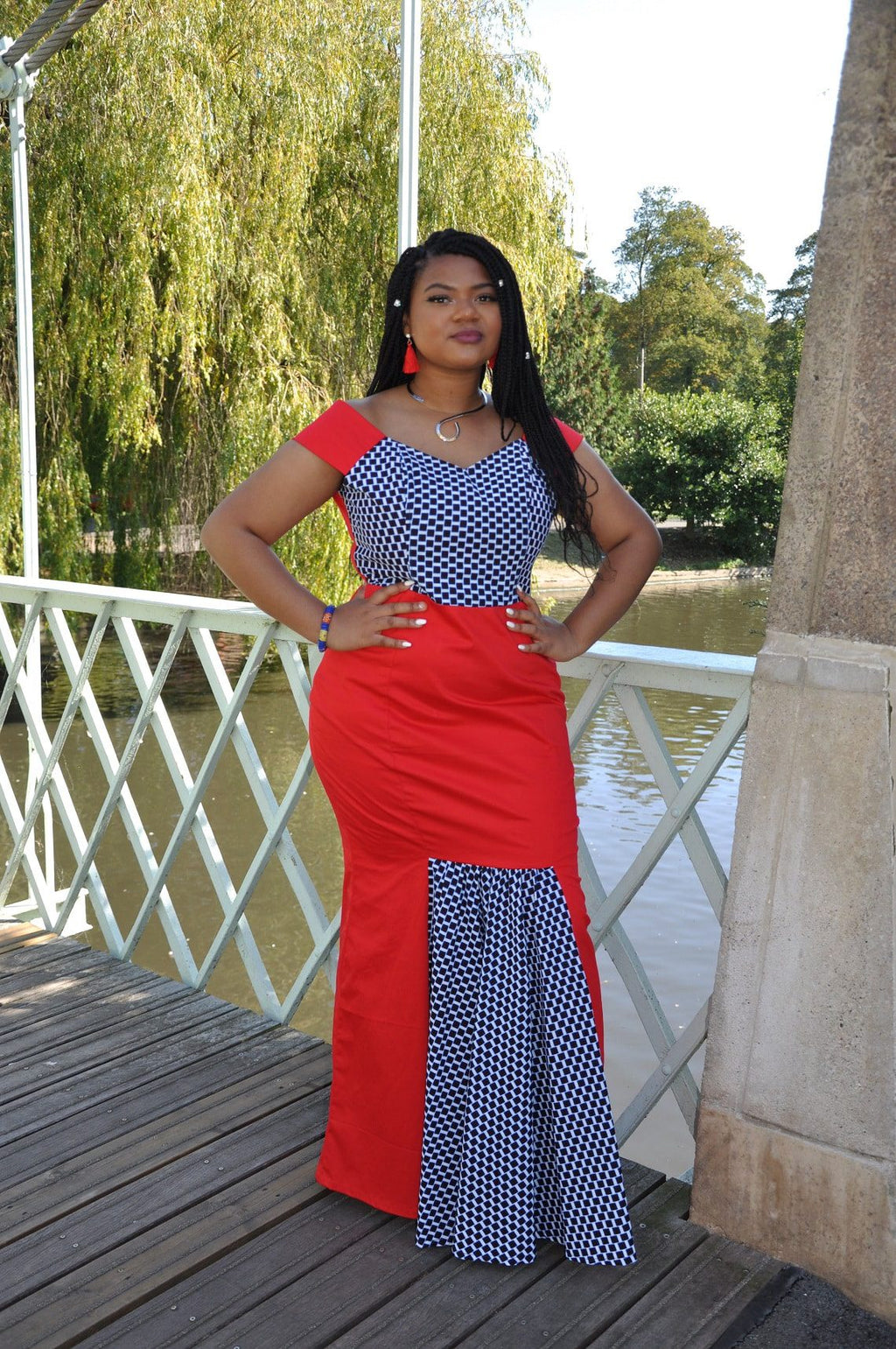 Red & African Ankara Bardot Fusion Dress