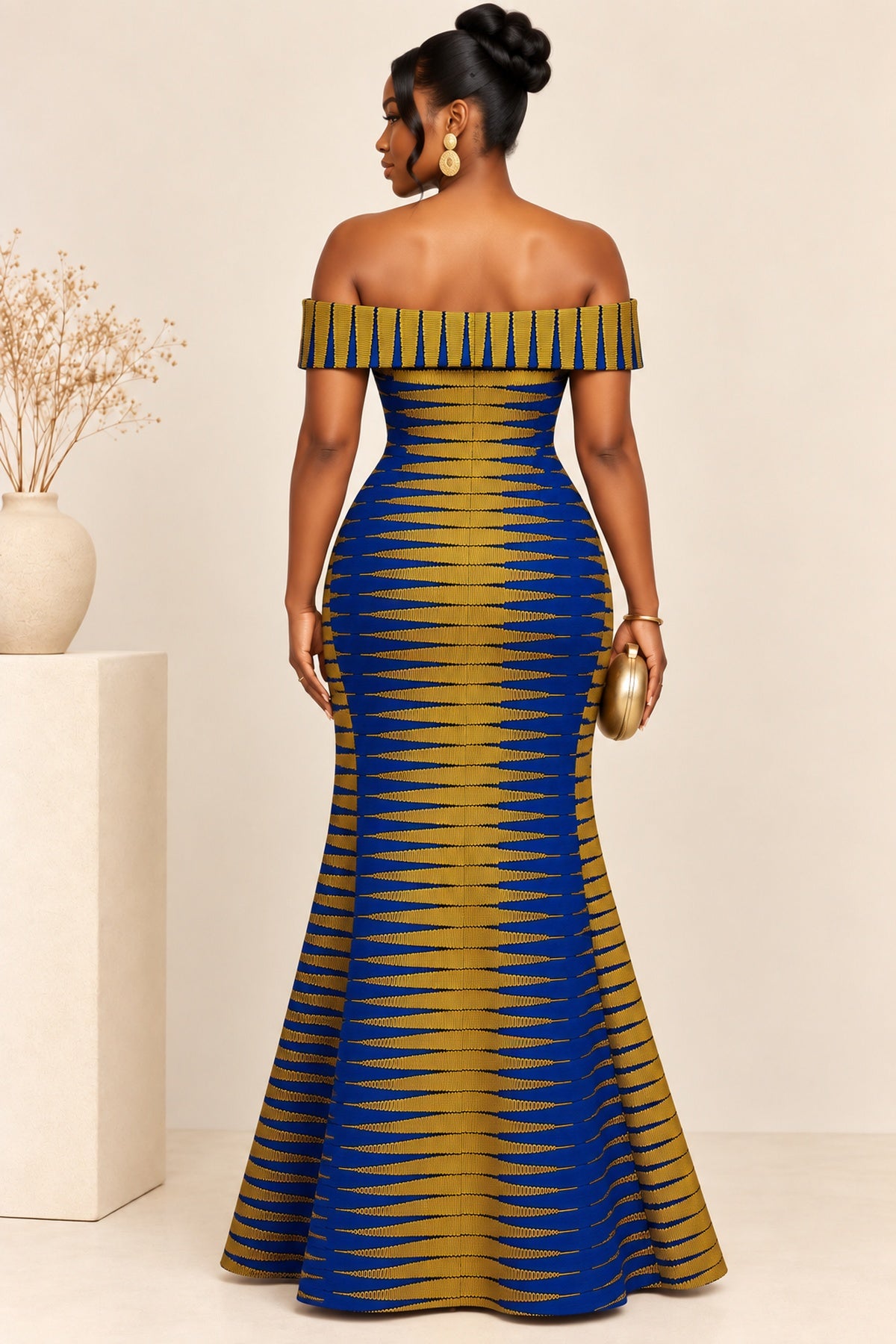 Women’s African Print Off-Shoulder Maxi Dress – Blue & Gold Ankara Elegant Occasion Gown