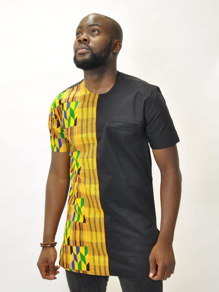 Katlego Black Polished Cotton Kente Fusion Shirt