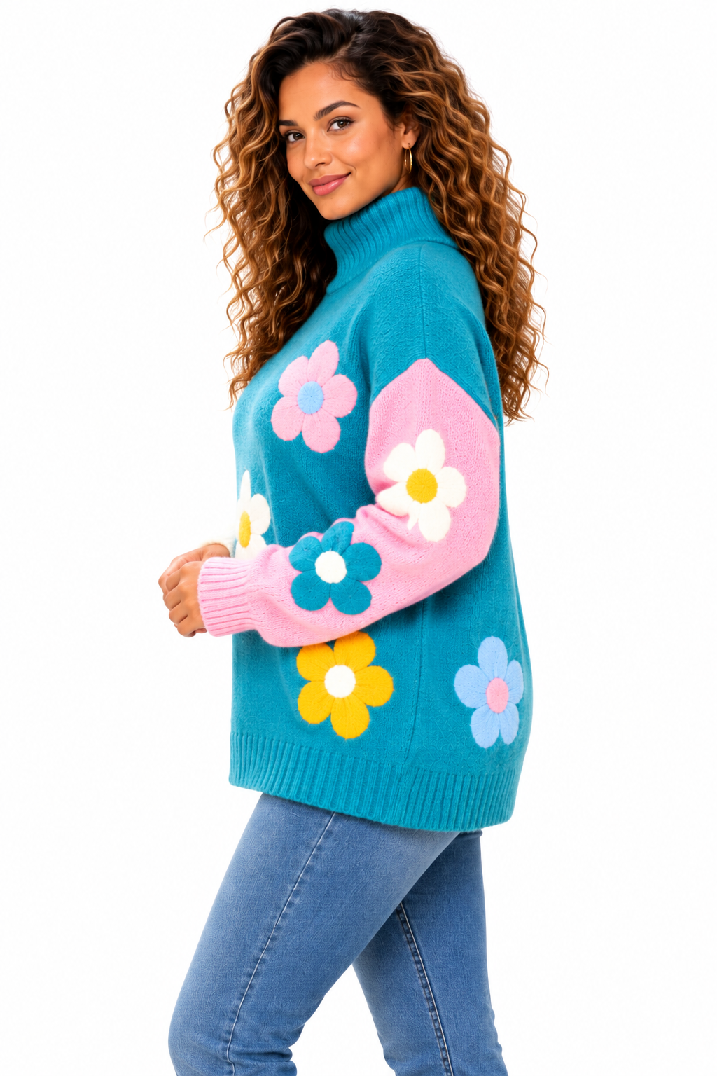 Women's Pink Colourful Floral Knit Jumper – Oversized Roll Neck Sweater