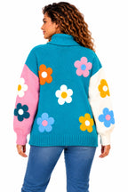 Women's Oversized Floral Knit Roll Neck Jumper – Colour Block Winter Sweater