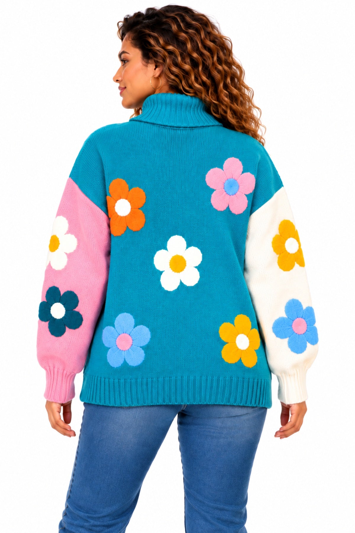 Women's Oversized Floral Knit Roll Neck Jumper – Colour Block Winter Sweater