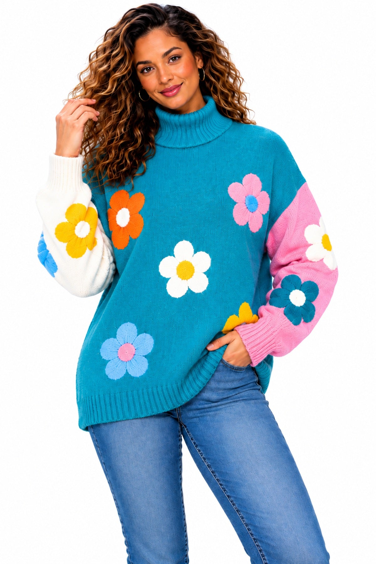 Women's Oversized Floral Knit Roll Neck Jumper – Colour Block Winter Sweater