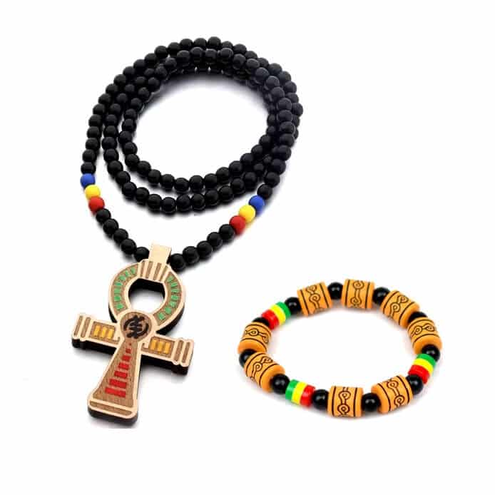 African Beaded Ankh Necklace & Bracelet Set