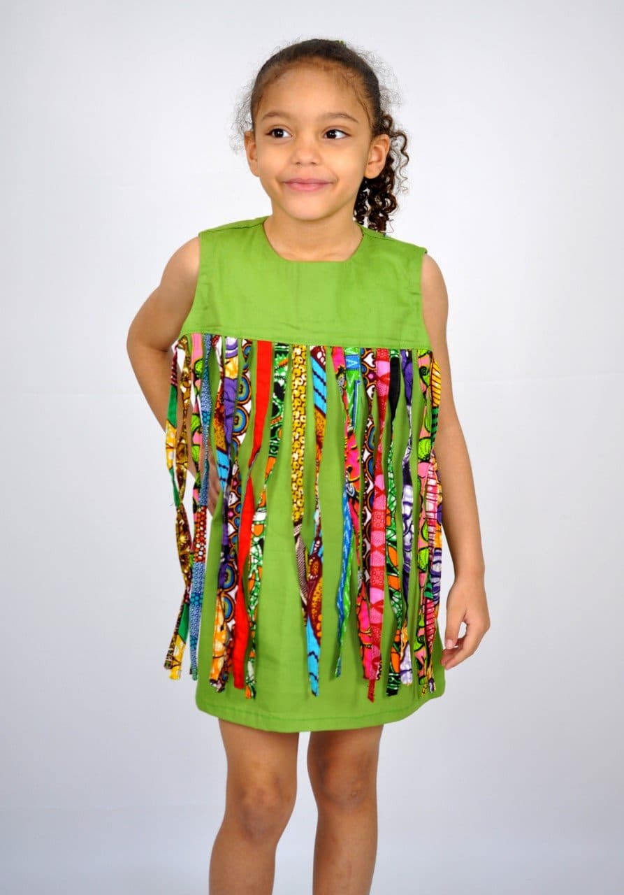 African Ankara Kids Tassel Green Dress