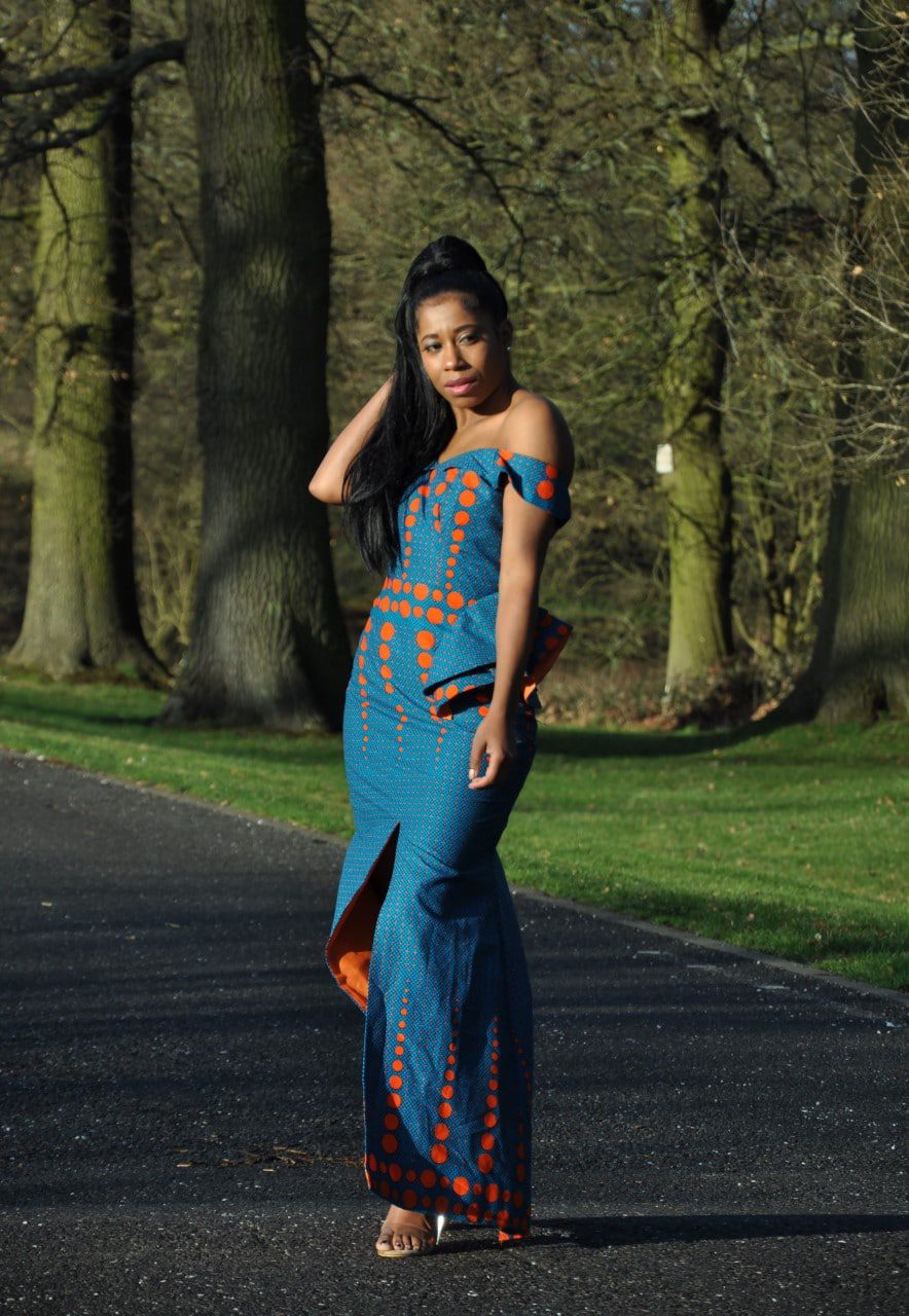 Turquoise & Orange Elegant Bardot Split Dress