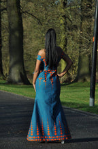 Turquoise & Orange Elegant Bardot Split Dress