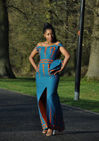 Turquoise & Orange Elegant Bardot Split Dress