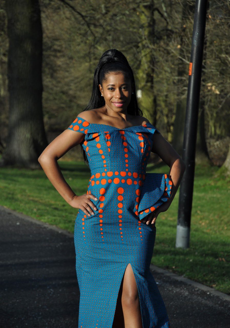Turquoise & Orange Elegant Bardot Split Dress