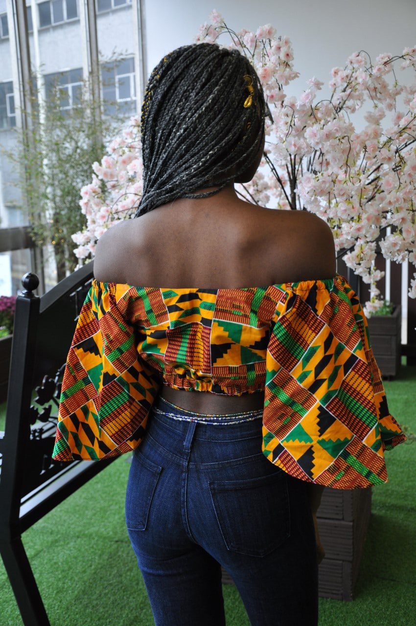 African Print Butterfly Sleeve Crop Top