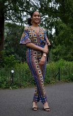 Blue & Gold African Print Cold Shoulder Jumpsuit