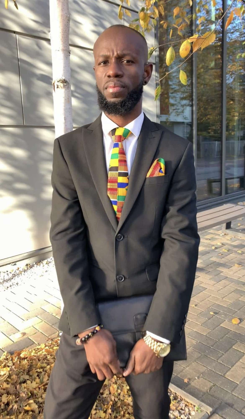 Handcrafted Ash African Kente Tie & Handkerchief Set