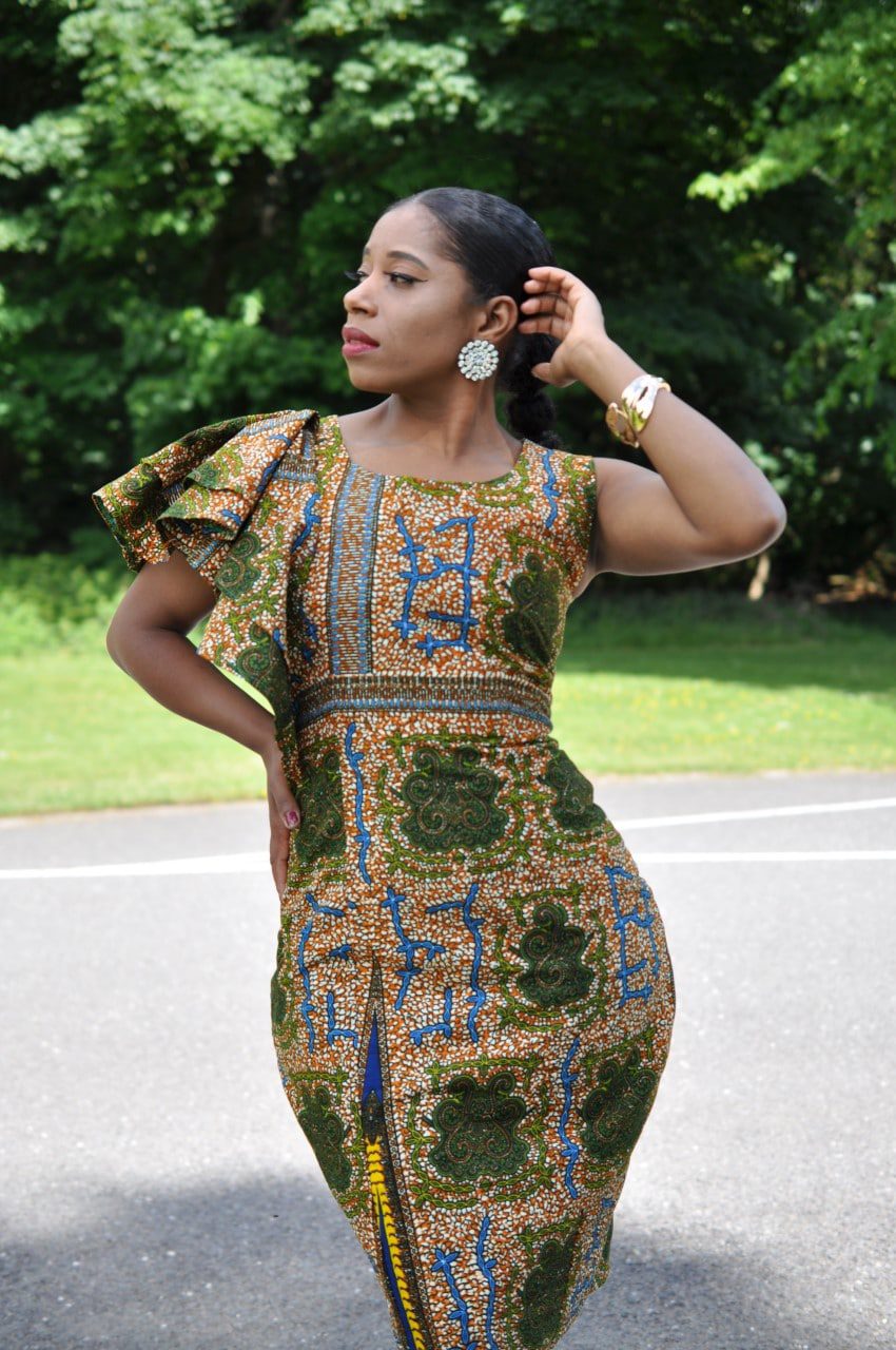 Aniyah African Ankara Frilled Shoulder Knee Length Dress