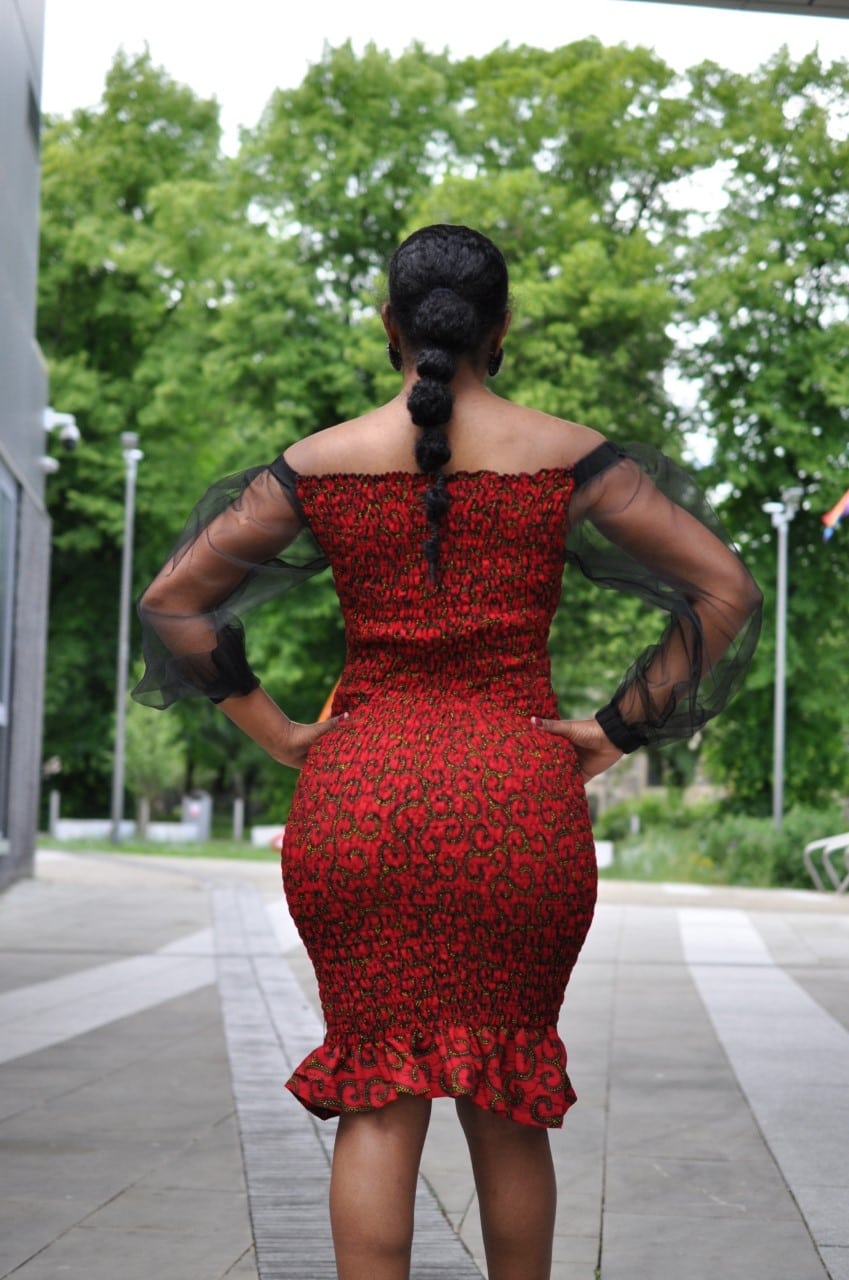 Mandisa Red Ankara Bodycon Sheer Sleeved Dress